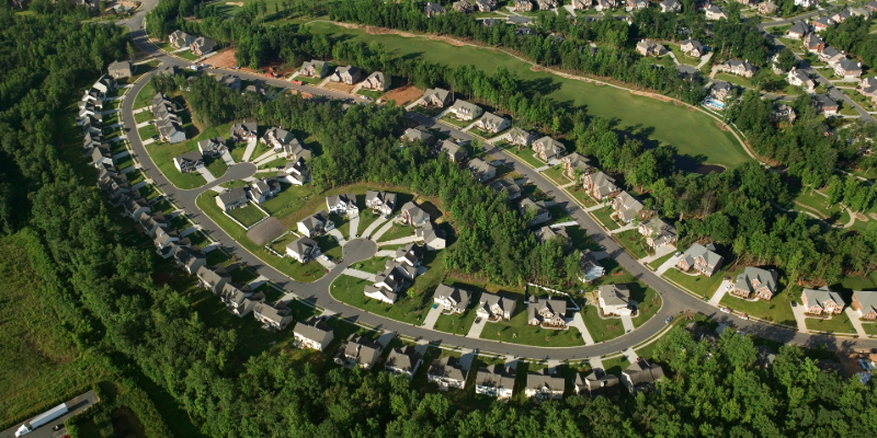Aerial view of suburban homes