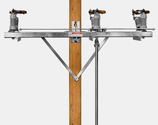 the front view of an outlined alduti-rupter switch with a hookstick for outdoor distribution no-external-arc circuit interruption, line switching, transformer switching, cable switching, no arc interruption, Alduti-Rupter Switches - Outdoor Distribution